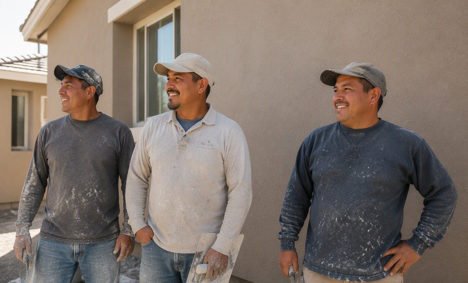 The Olivera Stucco Solutions crew in front of a finished stucco wall