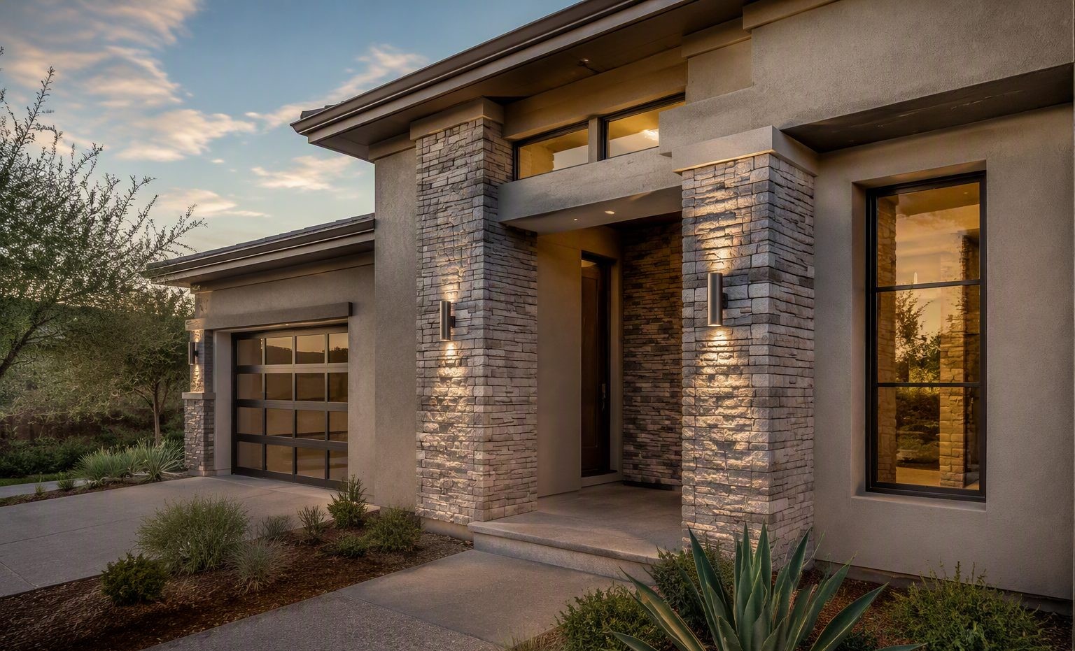 Stone veneer entry columns on a stucco home in Richland, WA