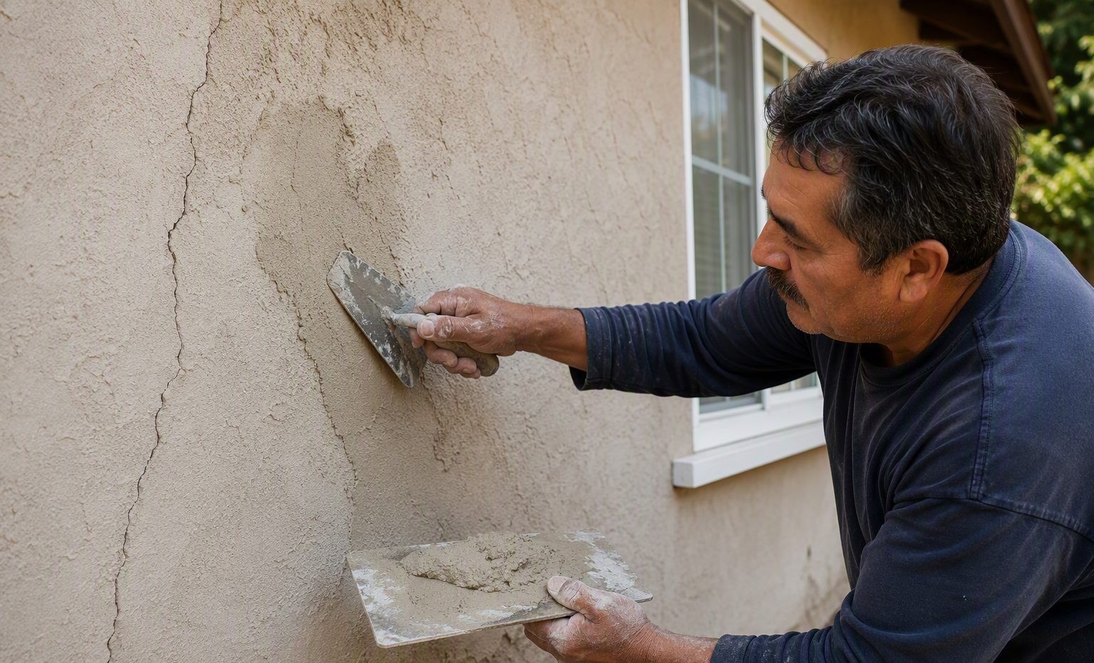 Craftsman texture-matching a stucco crack repair in Kennewick, WA