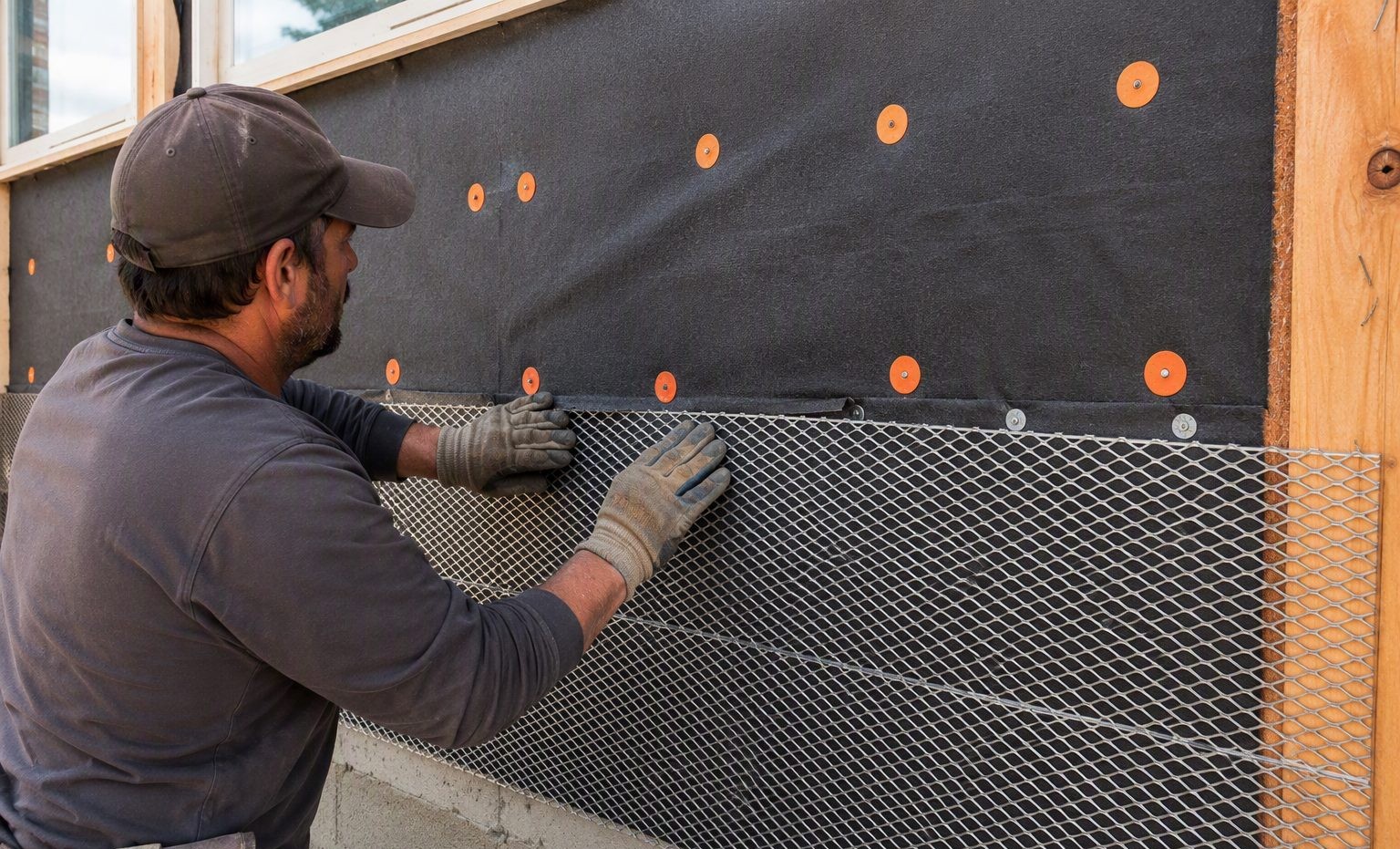 Weather barrier and lath installation before stucco application